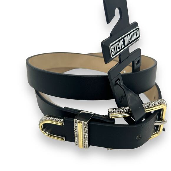 NEW Steve Madden Belt Small Black Faux Leather Belt Western Goth Silver Gold - Picture 3 of 8